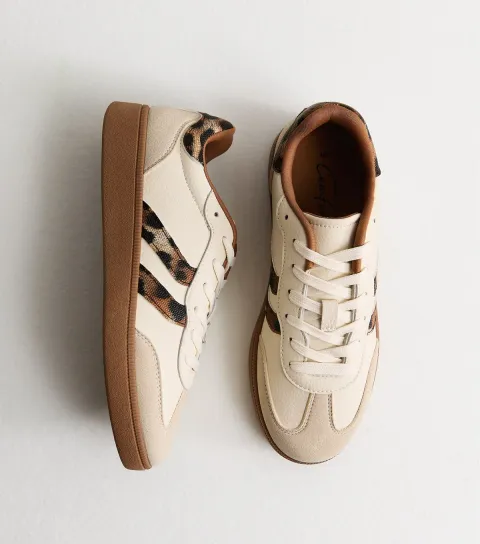 New Look Women's Stone Panelled Faux Suede Leopard Trim Trainers Vegan