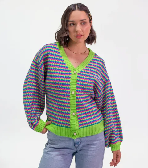 Sunshine Soul Women's Bright Green Knitted Geometric Stripe Front Button Cardigan