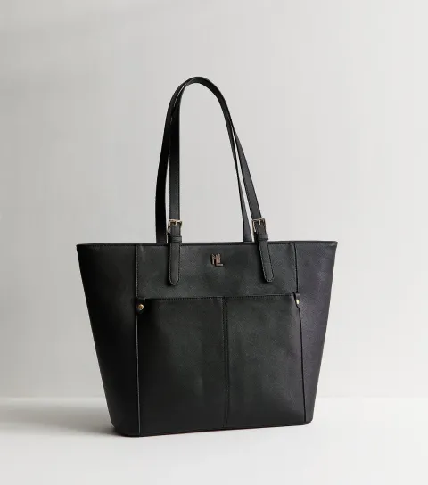 Black Textured Faux Leather Logo Tote Bag