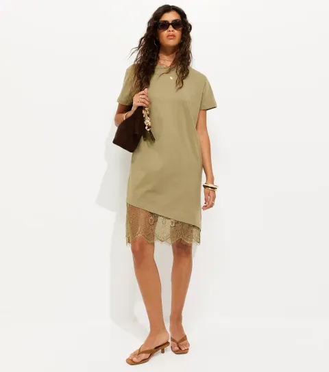 Women's Dark Khaki Cotton Asymmetric Lace Hem Mini Dress