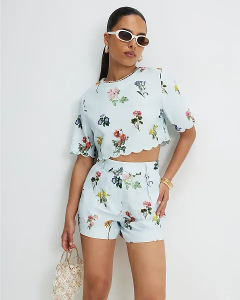 River Island Petite Woven Floral Scallop Trim Top