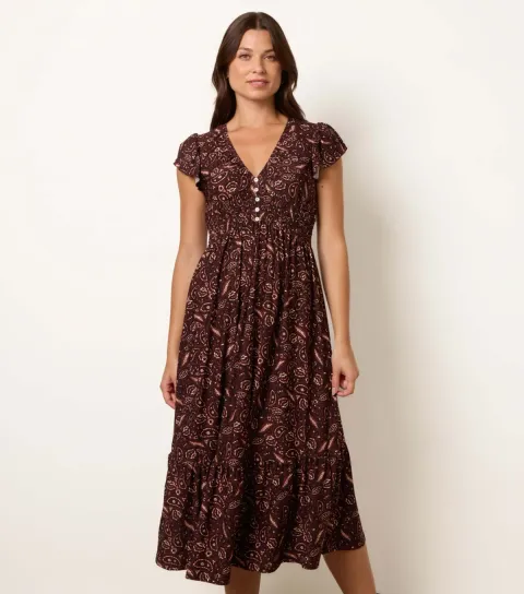 Women's Dark Brown Paisley V-Neck Midi Dress