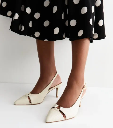 Women's Wide Fit Off White Croc Embossed Slingback Court Shoes Vegan