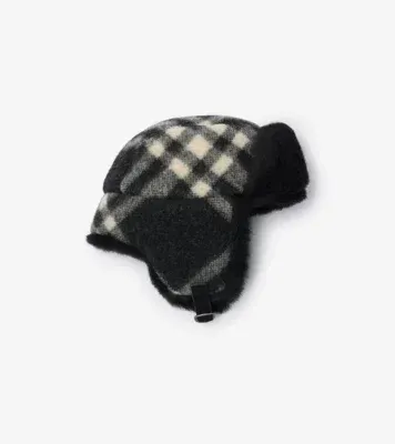 Check Wool Trapper Hat in Black