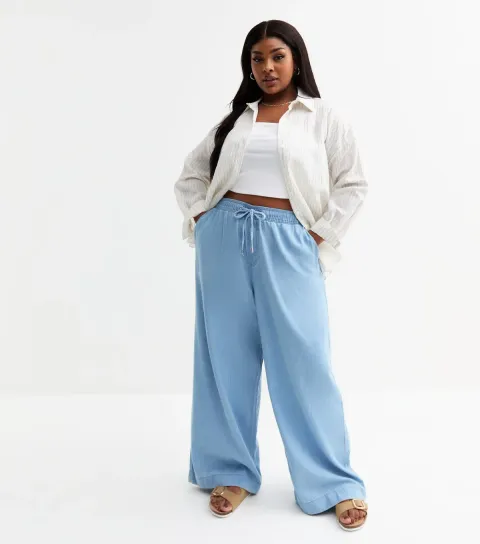 Women's Plus Size Light Blue Drawstring Waist Denim Trousers Curves