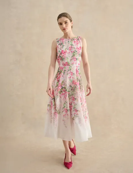 Hobbs Sheer Floral Midi Skater Dress White Mix
