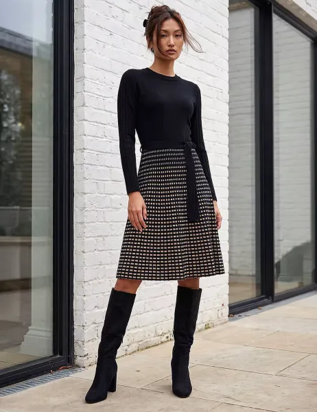 Roman Checked Belted Knee Length Jumper Dress Black