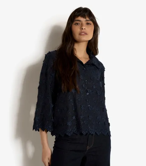 Women's Navy Embroidered Floral Cropped Shirt
