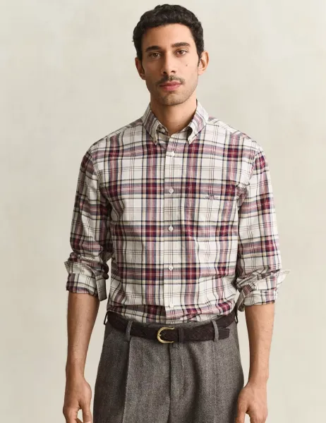 Gant Regular Fit Pure Cotton Check Oxford Shirt Burgundy Mix