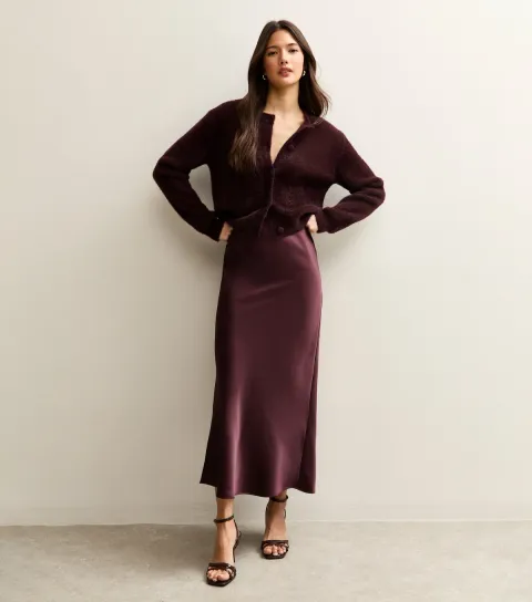 Women's Dark Burgundy Satin Bias Cut Midi Skirt