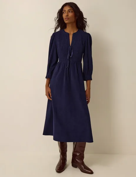 Monsoon Stretch Corduroy Midi Skater Dress Dark Blue