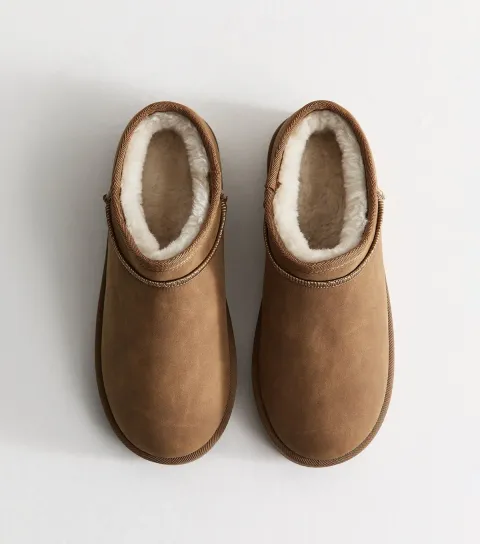 Women's Tan Faux Suede Low Top Sherpa Lined Slipper Boots Vegan