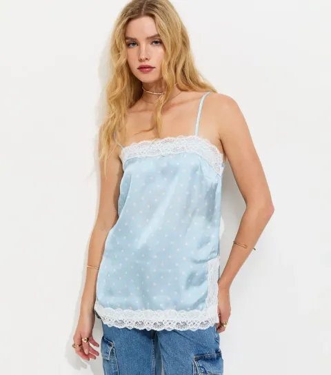 Women's Blue Satin Lace Trim Polka Dot Cami Top