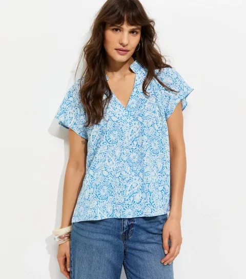 Women's Tall Blue Paisley Flutter Sleeve Blouse