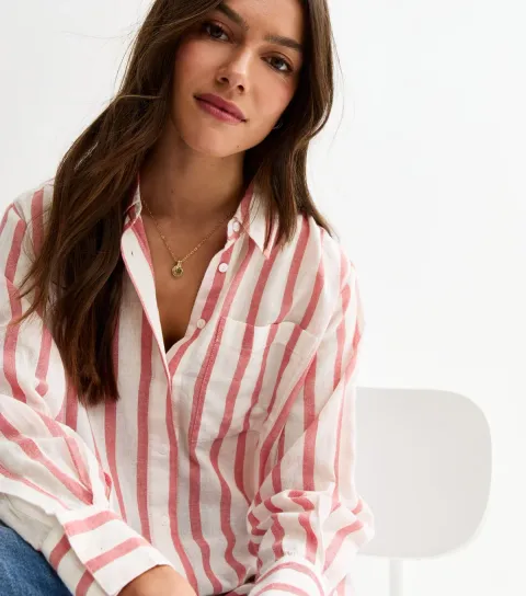 Women's Petite Pink Striped Long Sleeve Shirt