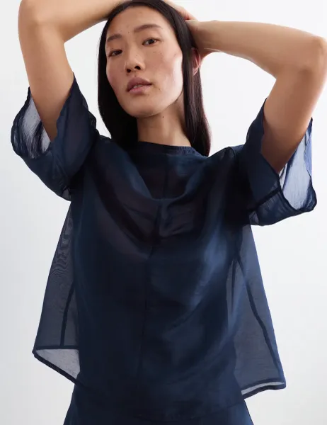 Jaeger Organza Funnel Neck Top Navy