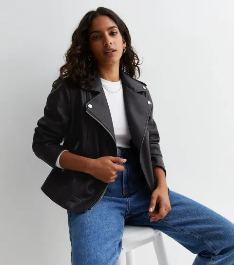 Women's Petite Black Leather-Look Biker Jacket