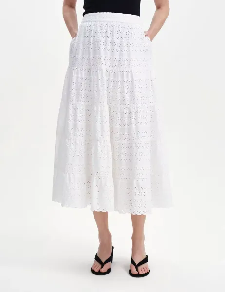 Finery London Pure Cotton Broderie Midi Tiered Skirt White