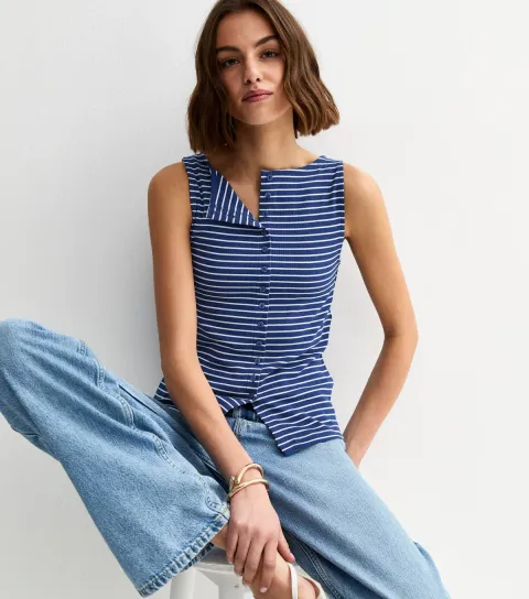 Women's Dark Blue Stripe Button Through Tank Top
