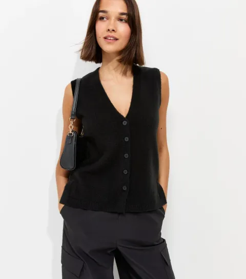 Women's Black Knit Button Through V-Neck Waistcoat