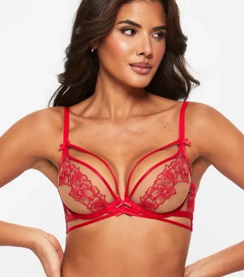 Women's Bright Red Floral Affair Non Padded Plunge Bra