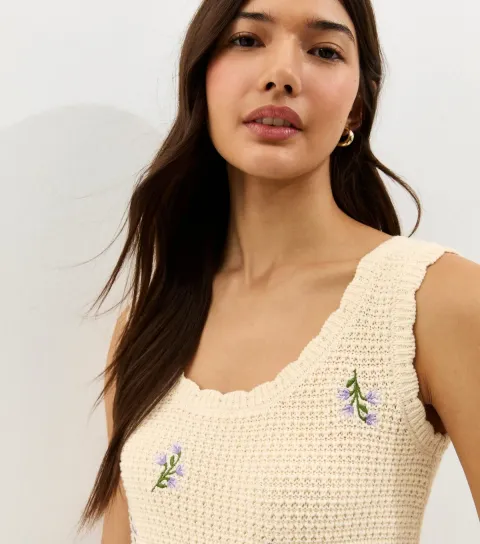 Women's Cream Cotton Rich Embroidered Flower Knit Vest