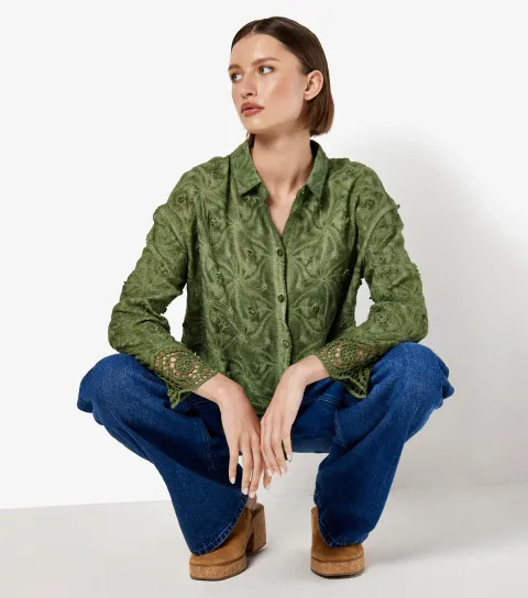Women's Dark Khaki Textured Floral Crochet Blouse