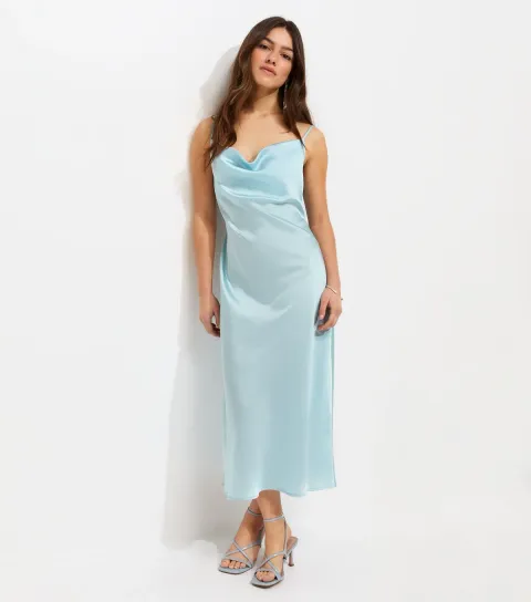 New Look Women's Petite Light Blue Satin Slip Midi Dress