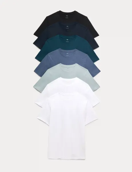 Marks & Spencer 7 Pack Pure Cotton Crew Neck T-Shirts Soft Blue Mix