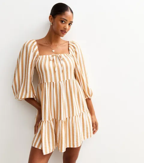 Women's Brown Striped Smock Tiered Mini Dress