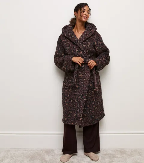 New Look Women's Brown Borg Leopard Print Hooded Robe