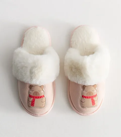 New Look Women's Light Pink Faux Fur Capybara Mule Slippers