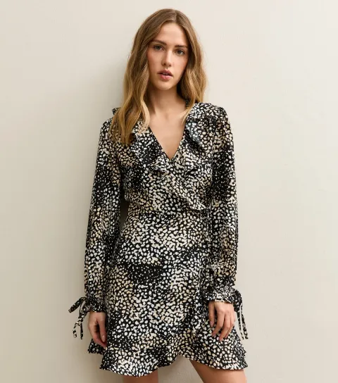 Women's Brown Speckled Crepe Ruffle Wrap Mini Dress