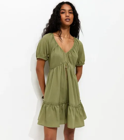 New Look Women's Light Khaki Textured Tiered Mini Smock Dress