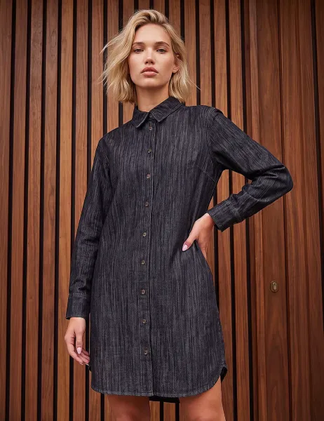 Pure Cotton Button Through Knee Length Shirt Dress Black Mix