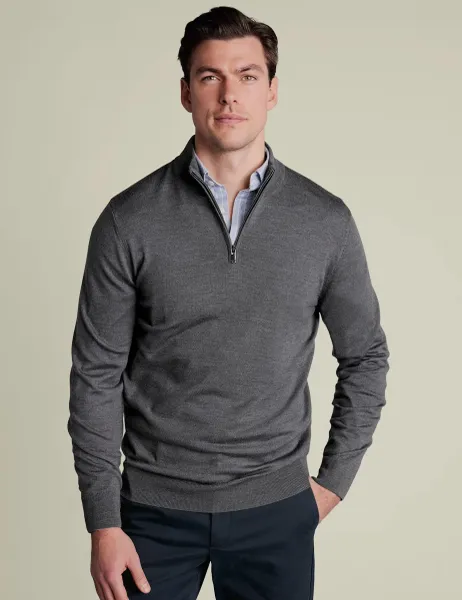 Charles Tyrwhitt Pure Merino Wool Half Zip Jumper Grey