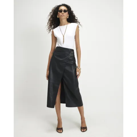 River Island Buckle Faux Leather Wrap Midi Skirt