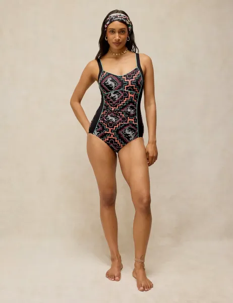White Stuff Printed Scoop Neck Swimsuit Black Mix