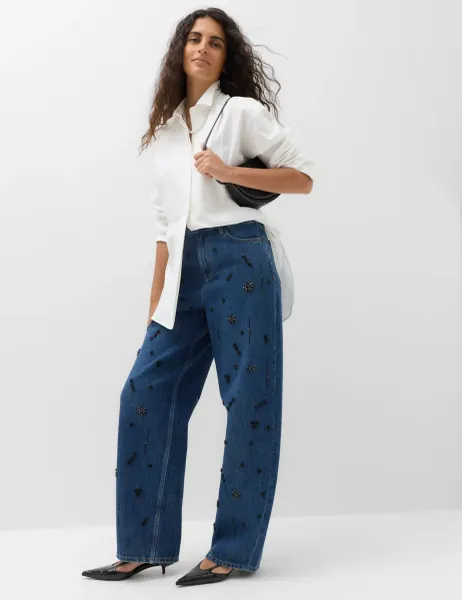 Marks & Spencer High Waisted Embellished Barrel Jeans Medium Indigo