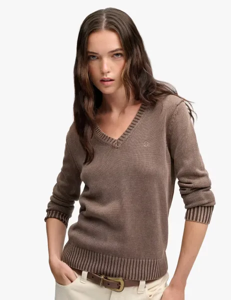 Superdry & Co Washed Pure Cotton Jersey V-Neck Slim Jumper Brown