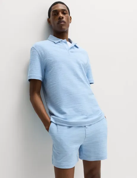 Marks & Spencer Cotton Rich Notch Neck Boucle Polo Shirt Powder Blue