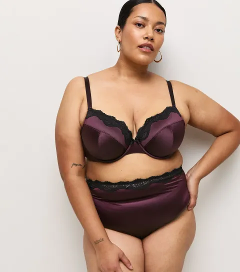 Women's Plus Size Dark Purple Satin and Lace High Waist Thong Curves