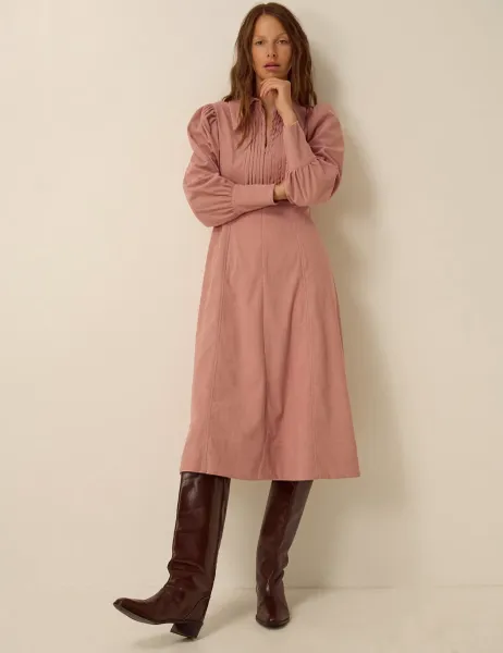 Monsoon Cord Blouson Sleeve Midi Shirt Dress Pink