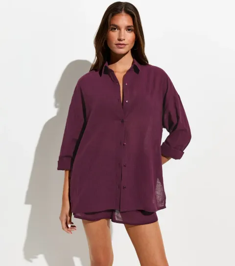 New Look Women's Dark Burgundy Cotton Slub Beach Shirt