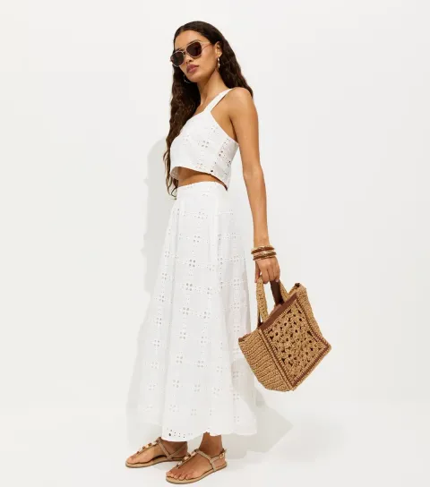 Women's Petite White Broderie Embroidered Grid Midi Skirt