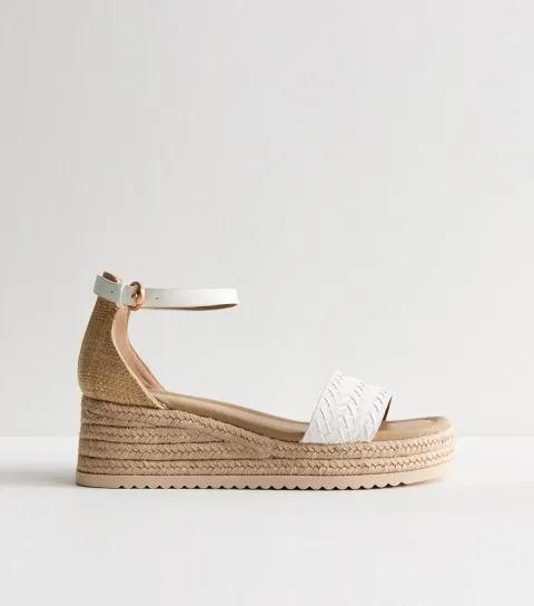 Women's Wide Fit White Faux Leather Woven Strap Flatform Wedge Sandals Vegan