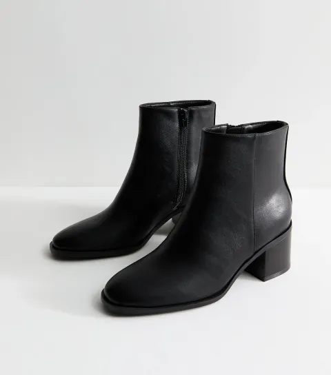 Women's Black Faux Leather Almond Toe Block Heel Ankle Boots Vegan