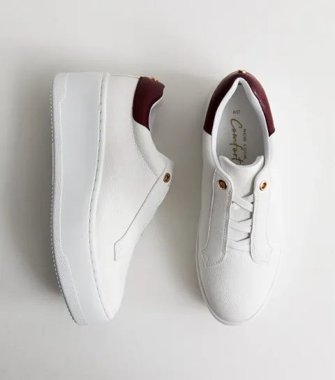 Women's White Faux Leather Contrast Trim Platform Trainers Vegan