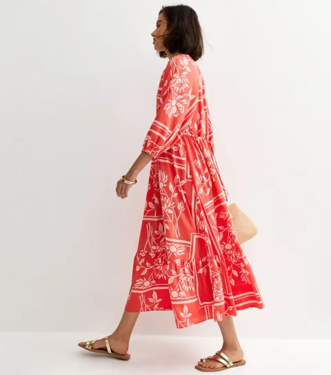 Women's Red and Pink Floral Smock Midi Dress