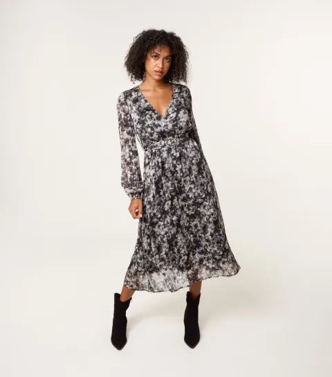 Women's Black Floral Belted Midi Dress